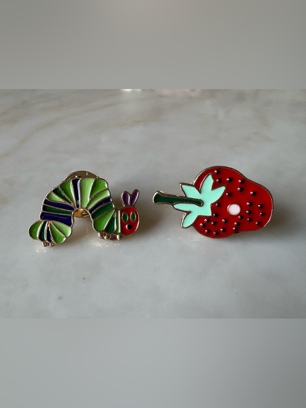 Children's Colorful Caterpillar and Strawberry Enamel Pin Set - Red & Green